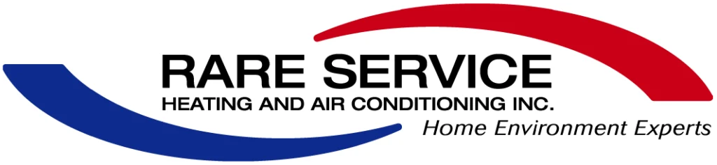 Logo for Rare Service Heating and Air Conditioning Inc. with blue and red curved lines above and below the company name, and the tagline Home Environment Experts on the right.