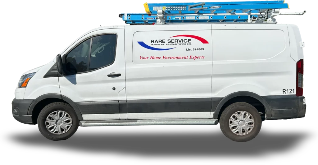 White service van with Rare Service Heating and Air Conditioning Inc. logo, a blue ladder on the roof, and the slogan Your Home Environment Experts on the side. The van is isolated on a white background.