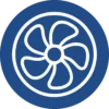 White outline of a four-blade fan inside a circle on a blue background, resembling a ventilation or cooling system icon.