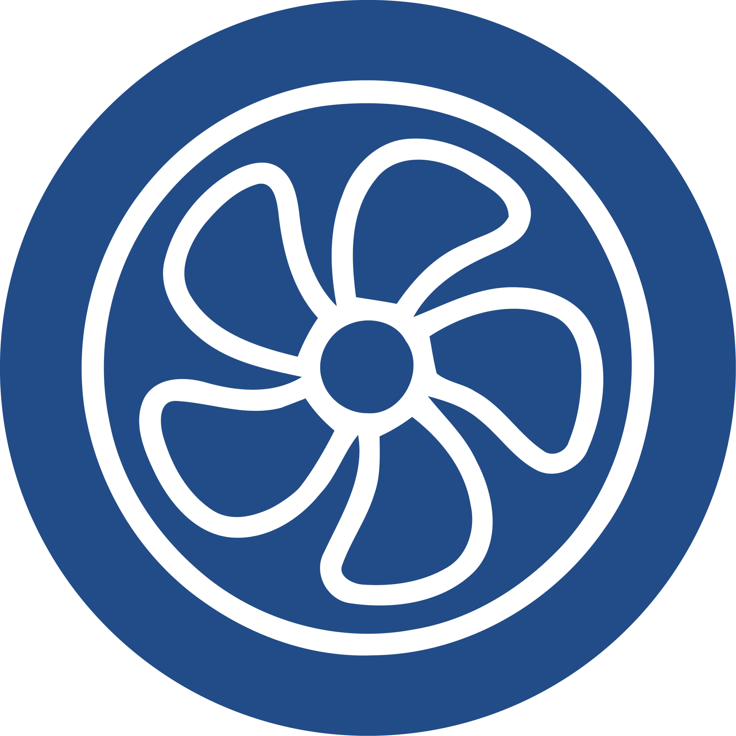 White outline of a four-blade fan inside a circle on a blue background, resembling a ventilation or cooling system icon.
