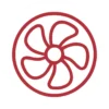 A red outline icon of a fan with six curved blades inside a circle, set against a white background.
