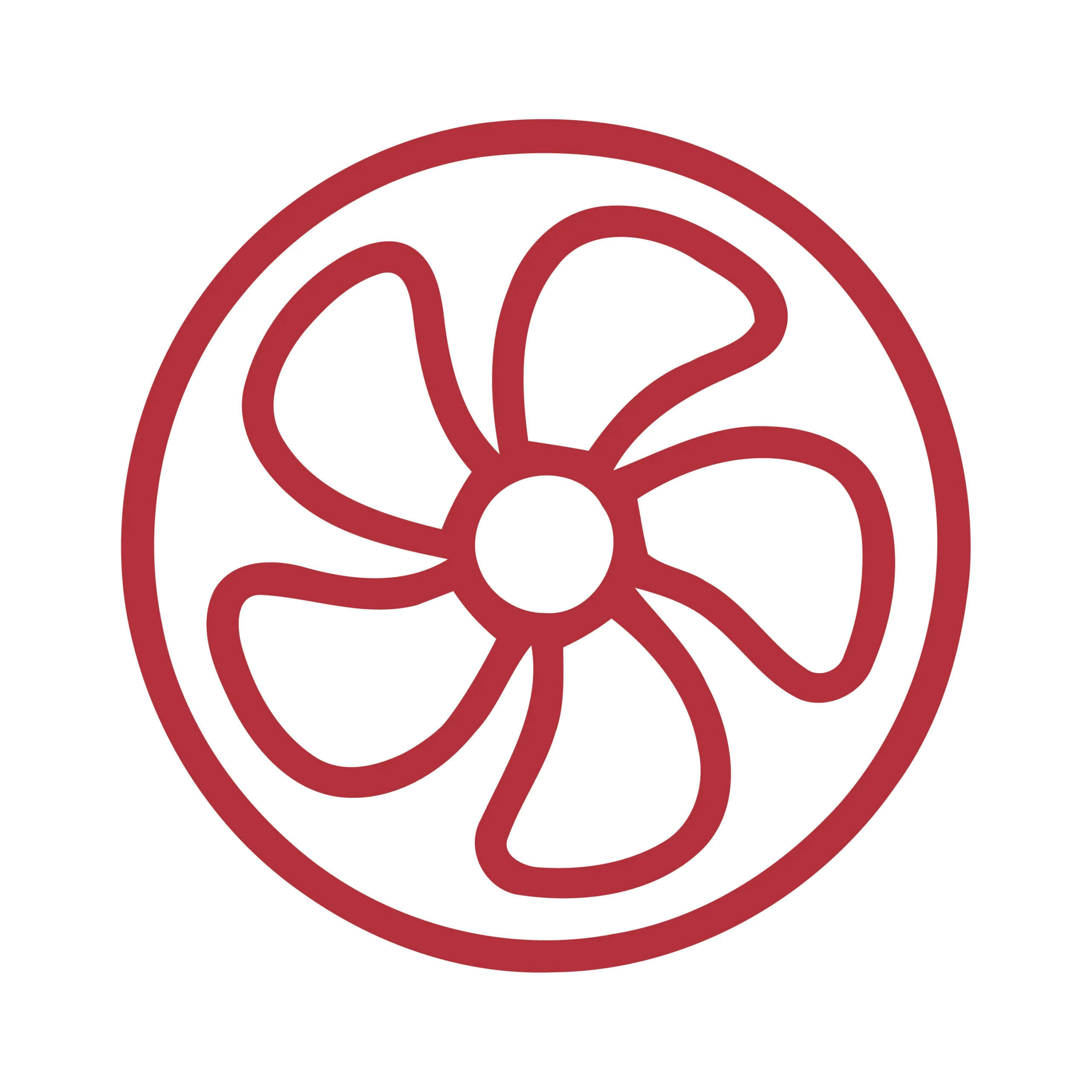 A red outline icon of a fan with six curved blades inside a circle, set against a white background.