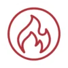 Red line drawing of a flame inside a red circle on a white background.