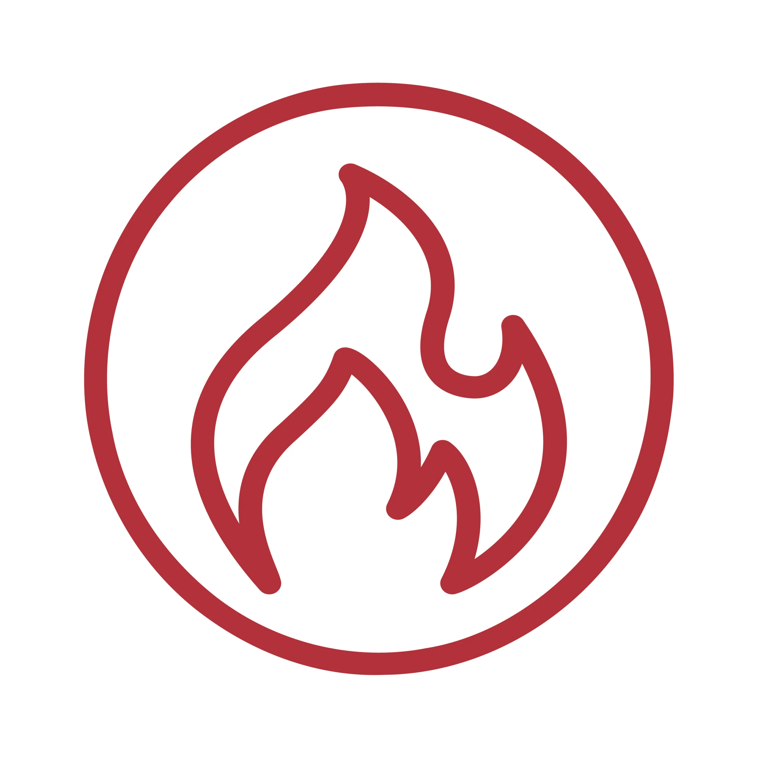 Red line drawing of a flame inside a red circle on a white background.