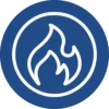 A white flame icon outlined in blue is centered inside a solid blue circle with a white border and background.
