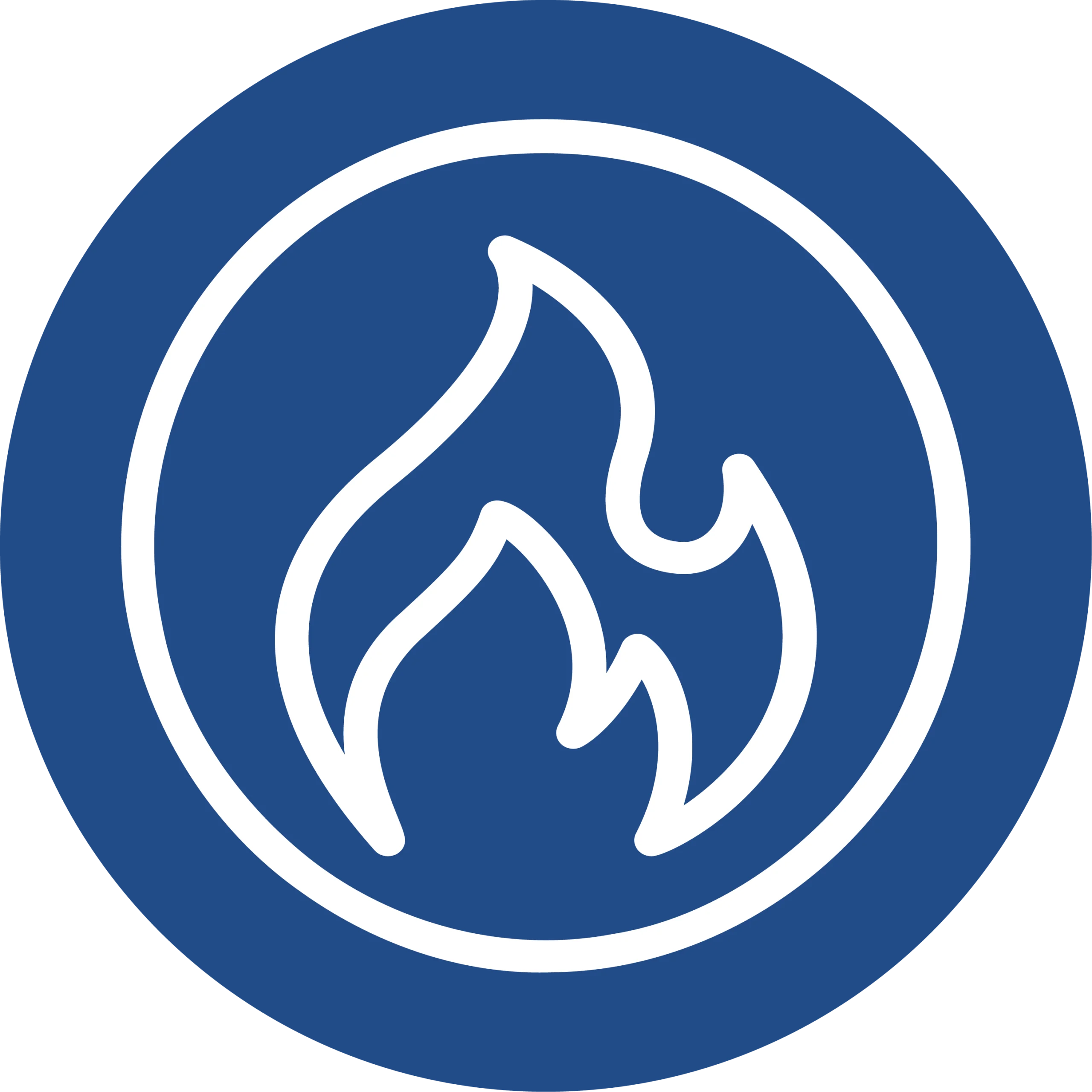 A white flame icon outlined in blue is centered inside a solid blue circle with a white border and background.