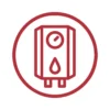 Red outline icon of a water heater with two small pipes at the bottom, a central droplet symbol, and a circular gauge at the top, all inside a bold red circle on a white background.