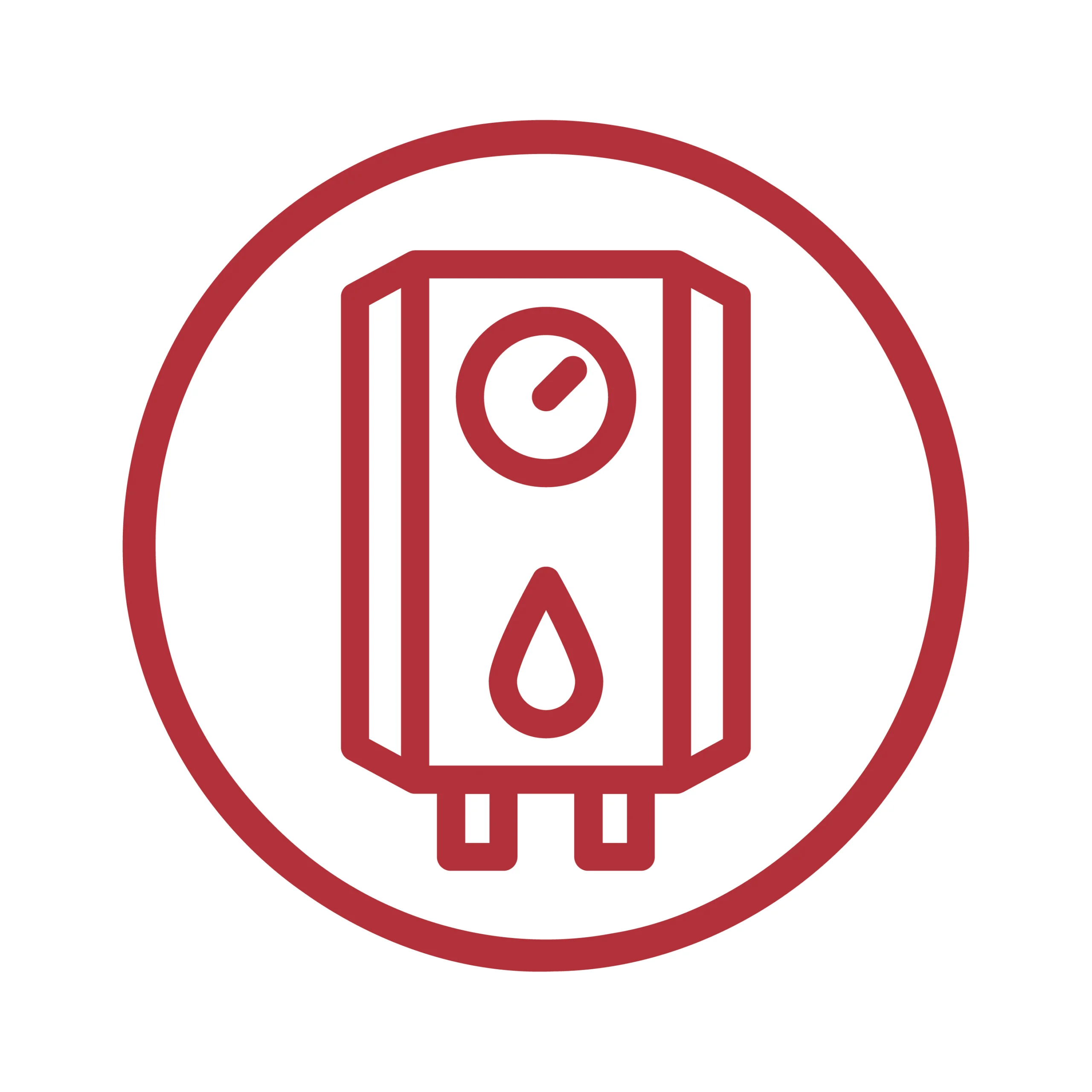 Red outline icon of a water heater with two small pipes at the bottom, a central droplet symbol, and a circular gauge at the top, all inside a bold red circle on a white background.