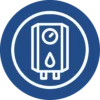 White icon of a water heater with a pressure gauge and water droplet, set inside a blue circle.