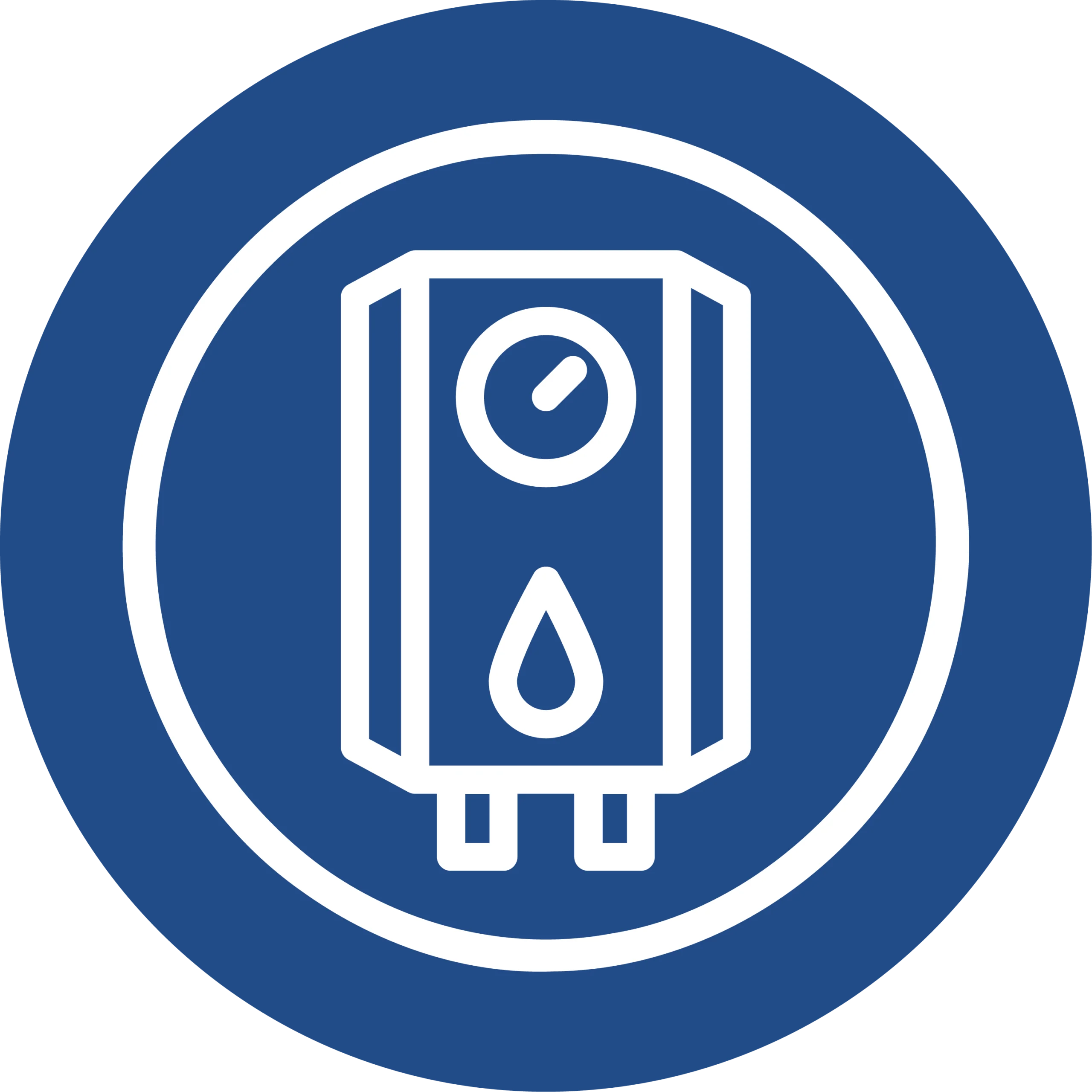 White icon of a water heater with a pressure gauge and water droplet, set inside a blue circle.