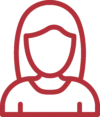 Red outline icon of a woman with shoulder-length hair, wearing a top with a rounded collar. The image is simplistic and does not include facial features.
