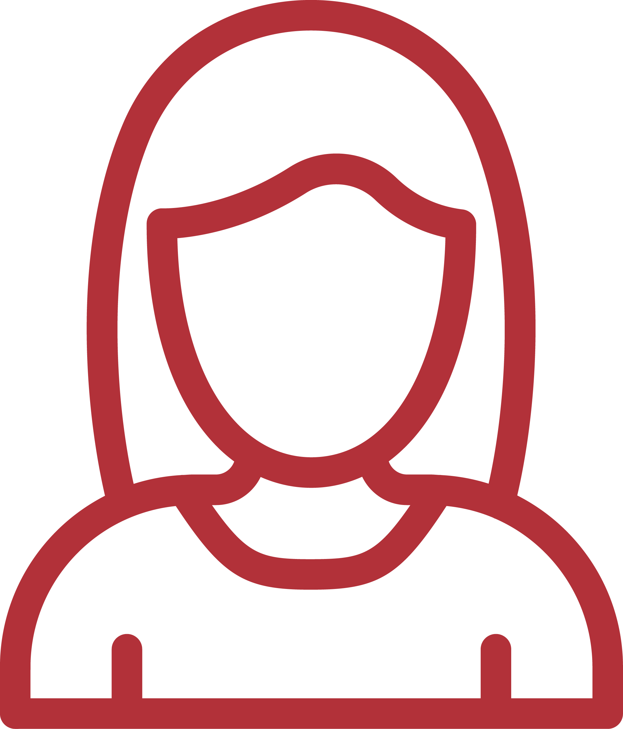 Red outline icon of a woman with shoulder-length hair, wearing a top with a rounded collar. The image is simplistic and does not include facial features.