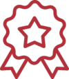 Red outline of an award ribbon with a star in the center, symbolizing achievement or recognition, on a white background.