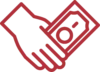 Red outline icon of a hand holding a paper bill with a circular symbol, suggesting the concept of payment, giving money, or financial transaction.