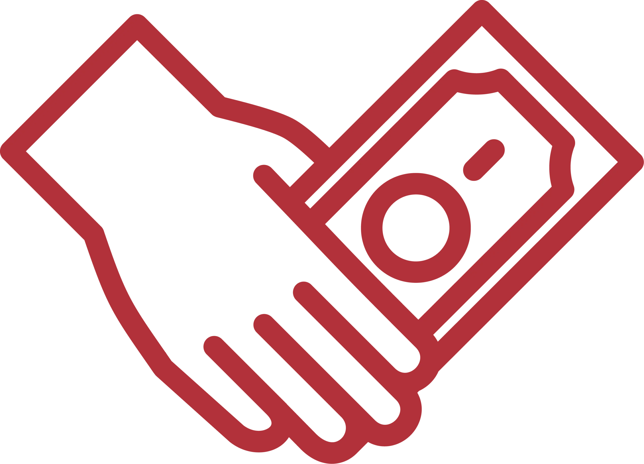 Red outline icon of a hand holding a paper bill with a circular symbol, suggesting the concept of payment, giving money, or financial transaction.