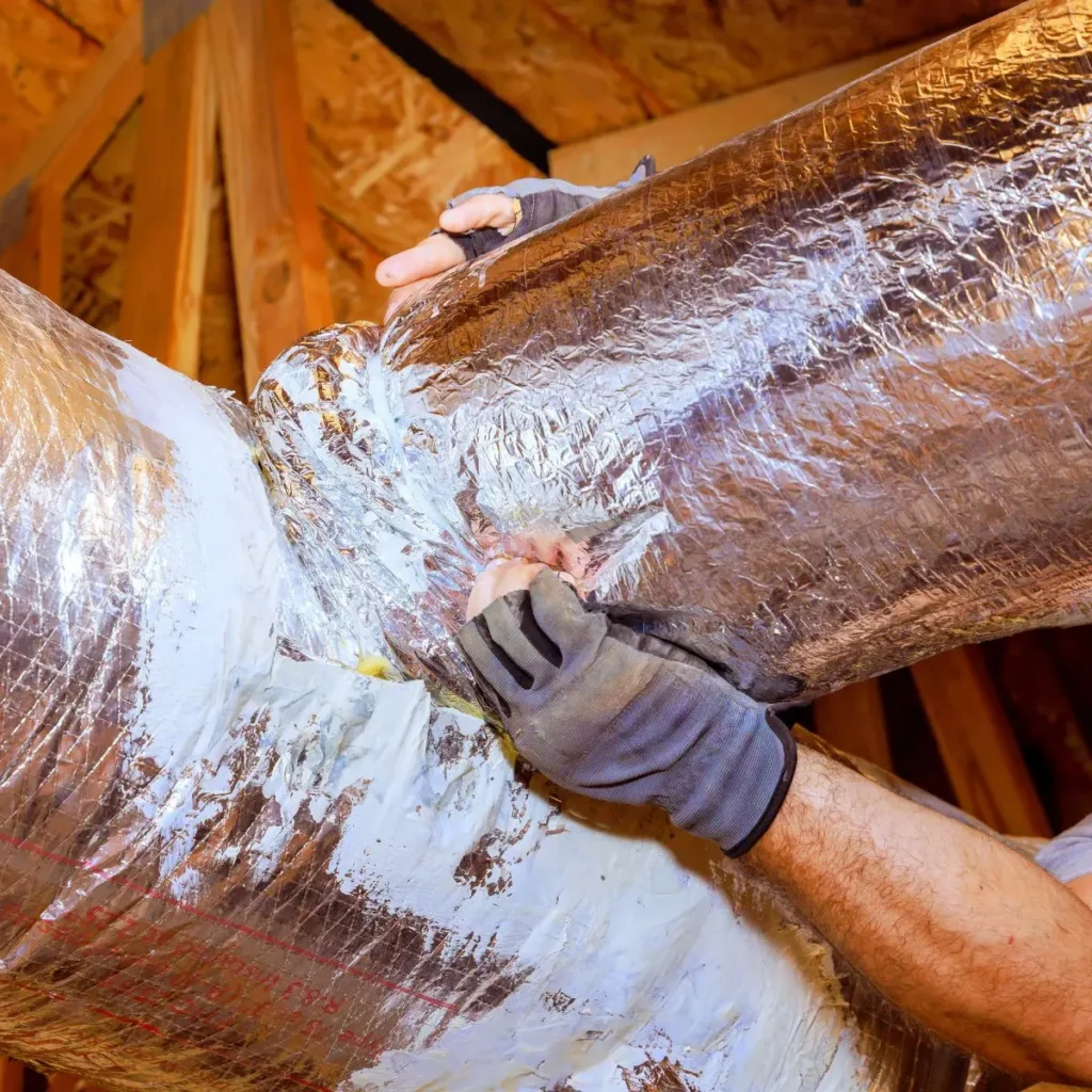 A person wearing gloves is sealing or repairing an insulated HVAC duct with mastic sealant in an unfinished attic space.
